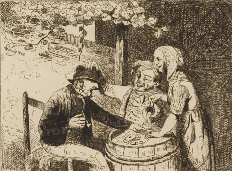 Woman pouring a glass for two men playing cards, print, printmaker: Willem Linnig (I), 1842, paper, etching, drypoint, intaglio printmaking technique, etching and drypoint with plate tone, height 146 mm x width 187 mm, playing-cards, beer, ale, A sepia-toned ink drawing shows three figures seated around a round wooden barrel used as a table, with one figure pouring liquid from a pitcher into a cup on the barrel while another holds his hat and leans forward with closed eyes, and a third sits between them smiling with a cap and a double-breasted garment; a leafy branch with clusters of round leaves arcs above them, a rough wooden post and textured shaded background occupy the right side, and the scene includes simple carved chair backs, a layered bench or plank surface, and cross-hatched shading throughout.