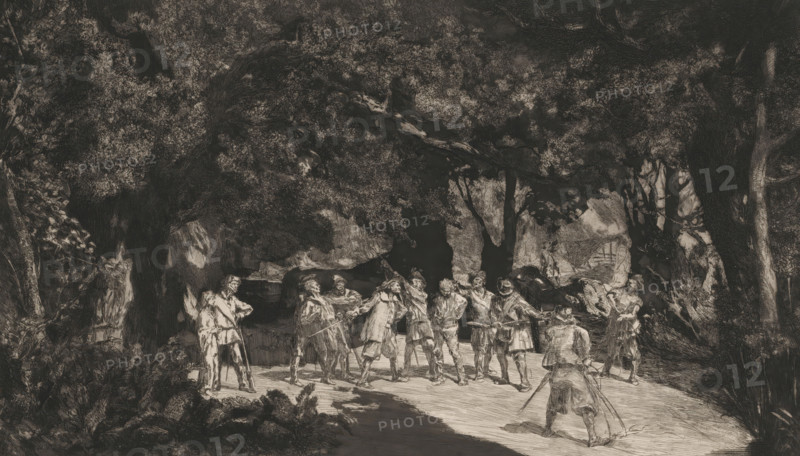 Simplicius with the soldiers, Intermezzi, print, Series number, 9, 12, Numbered bottom right: IX., printmaker: Max Klinger, Munich, publisher: Theodor Stroefer, Nuremberg, dedicated to: Hermann Sagert, 1881, Bavaria, paper, chine collé, etching, aquatint, drypoint, roulette, intaglio printmaking technique, etching and aquatint with drypoint, roulette and plate tone on chine collé, height 266 mm x width 425 mm, Print nine from a series of twelve prints., forest, wood, soldiers and civilians, A group of people stands and kneels on a sunlit clearing surrounded by dense, dark trees and heavy foliage, the canopy forming a shadowed overhead expanse; the figures wear period clothing with coats, cloaks, hats, and boots, and several hold long, thin objects resembling staffs or spears while one figure in the foreground kneels facing the group holding a longer rod; the ground shows a bright patch of light where the people gather contrasted with darker shaded areas at the edges, and the surroundin...