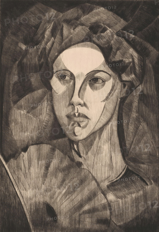 Head of a woman, Tête de femme I (original title), print, A woman with a fan., printmaker: Lodewijk Schelfhout (signed by artist), printer (person): Delâtre, Paris, 1912, printer (person), paper, drypoint, drypoint on galvanized zinc, height 333 mm x width 232 mm, fan, head (human) - AA - female human figure, A monochrome, stylized portrait of a person shown from the shoulders up with geometric, hatched shading and angular planes composing the face and hair; the face is pale against darker shaded areas, with prominent eyes looking slightly to the side, defined brows, a straight nose, and full lips; the hair is arranged in broad, textured shapes framing the head and merging with a patterned background of overlapping hatched forms; the clothing and shoulder area are rendered with curved, fan-like hatch marks and tonal gradations that echo the linear texture used throughout the image.