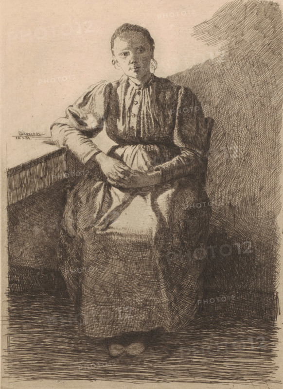 Sitting woman with folded hands, print, printmaker: François Maréchal, 1895, paper, etching, intaglio printmaking technique, etching with plate tone, height 295 mm x width 218 mm, adult woman, sitting figure - AA - female human figure, A monochrome etched image of a seated woman wearing a long dress with a fitted bodice and puffed sleeves, her hands resting one on top of the other in her lap, her hair pulled back, round earrings visible, and her feet peeking beneath the hem; she sits beside a bench or low ledge and a shaded wall creates a darker background to one side, while the rest of the scene is lighter with fine crosshatch shading defining folds in the fabric and the contours of her face and clothing.