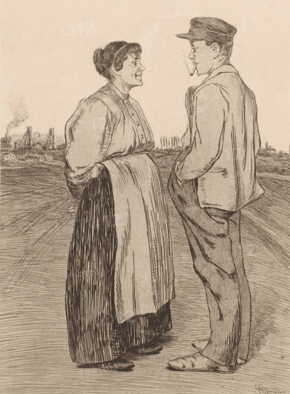 A Proposition, Man and woman face each other in the field, print, printmaker: François Maréchal, 1895, paper, etching, intaglio printmaking technique, etching with plate tone, height 295 mm x width 220 mm, ploughed field, Offer, Proposition, A monochrome line drawing of a woman and a man standing and facing each other on a textured ground, the woman on the left wearing a long skirt, apron, and a blouse with puffed sleeves and her hair tied back, smiling as she looks at the man; the man on the right wearing a cap, jacket, and trousers with one hand in a pocket and a cigarette in his mouth, his posture relaxed; a distant industrial skyline with smokestacks and structures appears behind them on the left, and the scene is rendered with fine etching lines and hatching throughout.
