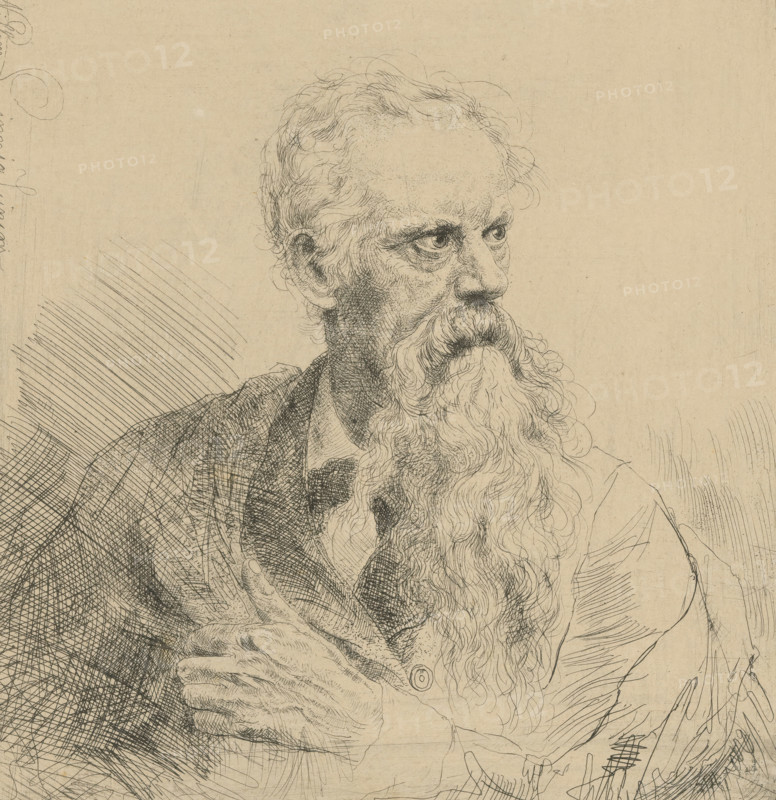 Portrait of an unknown bearded man, print, printmaker: Willem Linnig (II), 1852 - 1890, paper, etching, intaglio printmaking technique, height 172 mm x width 165 mm, beard, anonymous historical person identified alone, A sepia-toned ink drawing of an older man shown from the chest up, facing three quarters to the right, with a long wavy beard and receding curly hair, detailed crosshatching and fine lines forming facial features, textured clothing and visible hands clasped near his chest, the background mostly blank with penciled lines and shading marks.