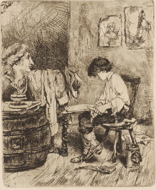 In a studio, a boy sits opposite a bust drawing, print, printmaker: Willem Linnig (II), 1852 - 1890, paper, etching, drypoint, intaglio printmaking technique, etching and drypoint with plate tone, height 216 mm x width 178 mm, drawing, artist at work, in his workshop, A sepia-toned etched scene shows a seated young person with dark hair looking downward, wearing a loose shirt and holding a tool across their lap while sitting on a simple wooden chair; nearby a large barrel stands with a draped cloth over its edge and a sculpted bust resting on a small pedestal on top; a table with turned legs is between the barrel and the seated figure, and the floor shows wood grain and scattered objects including a feather; on the wall behind the seated person are two framed sketches, and the background is filled with dense crosshatched shading and textured lines.