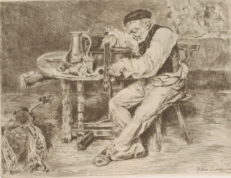 Musician strings a cello in front of him on a table, print, printmaker: Willem Linnig (II), 1852 - 1890, paper, etching, drypoint, intaglio printmaking technique, etching and drypoint with plate tone, height 204 mm x width 268 mm, viola, violoncello, double bass, violin, fiddle, A seated man wearing a dark cap and loose clothing leans over a round wooden table, his arms draped across it and his hands holding a chain-like object; a large jug and a pipe rest on the table beside crumpled cloth and a small cup, while a turned wooden table leg and stool are visible beneath; the man's legs extend forward with worn shoes and wrinkled trousers, a patterned shawl and a wicker basket sit on the floor nearby, and a fallen vessel lies beside them; in the background a wall shows faint sketches of figures and musical instruments.