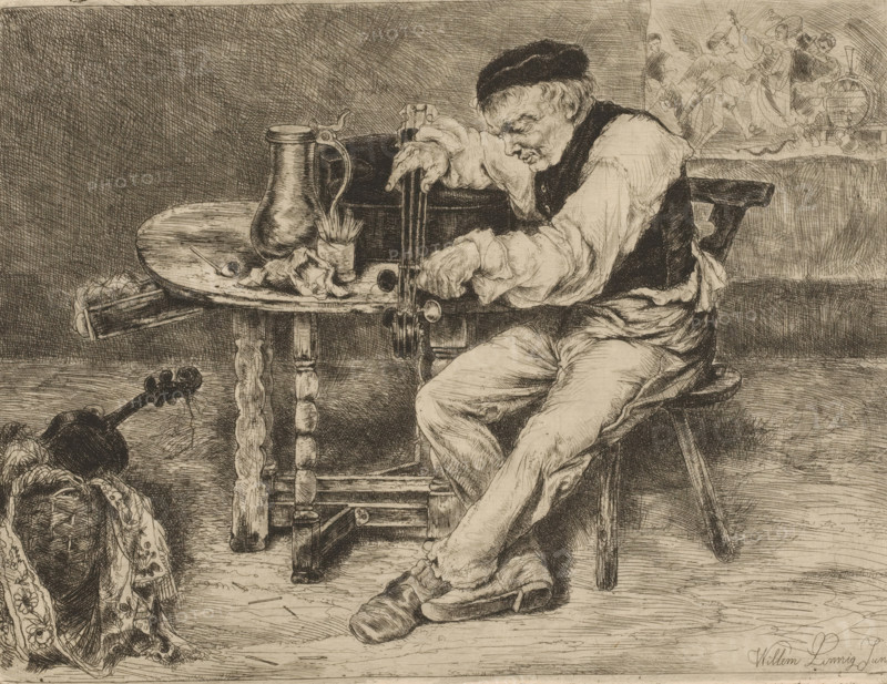 Musician strings a cello in front of him on a table, print, printmaker: Willem Linnig (II), 1852 - 1890, paper, etching, drypoint, intaglio printmaking technique, etching and drypoint with plate tone, height 204 mm x width 268 mm, viola, violoncello, double bass, violin, fiddle, An elderly man sits on a stool, leaning forward with one arm resting on a small round wooden table and the other hand adjusting a stringed instrument held vertically; he wears a dark cap, a sleeveless dark vest, and light-colored loose clothing with visible folds and worn shoes. On the table are a large metal pitcher, a cup with brushes or utensils, and a cloth or rags; the table has turned legs and shows wood grain. Near the man's feet a bowed string instrument lies on the floor beside a woven basket partly covered by a patterned cloth with floral motifs. In the background a wall shows a faint decorative sketch of several figures and objects, and the floor displays textured lines and shading. Overall the scene...