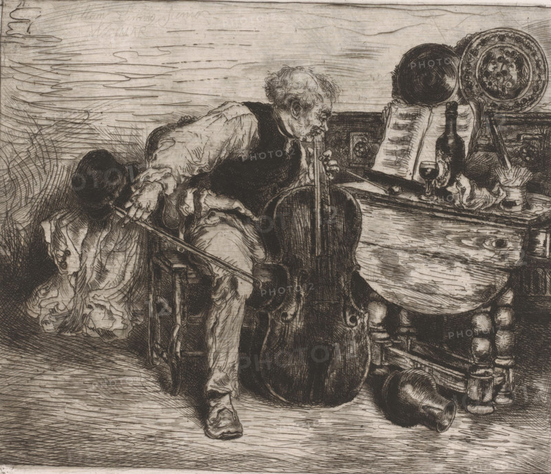 Cellist, print, printmaker: Willem Linnig (II), Weimar, 1852 - 1890, Thuringia, paper, etching, intaglio printmaking technique, etching with plate tone, height 224 mm x width 256 mm, musician, viola, violoncello, double bass, An etching showing two seated figures by a table, one older man leaning forward with a bowed head and a stringed instrument resting between his legs, the other figure turned away with a bowed head and a hat visible, both wearing textured clothing with folds and wrinkles; a wooden table surface with carved legs holds a bottle, a filled glass, decorative plates leaning against the wall, an open book propped upright, folded cloth, and scattered small objects; the background features horizontal etched lines and cross-hatching suggesting a wall, while the floor shows parallel hatch marks and wood grain patterns.