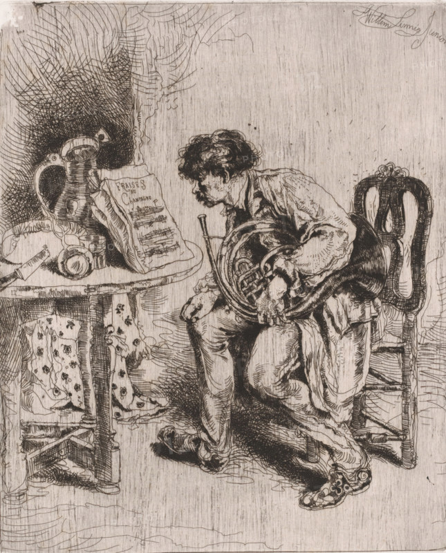 Hornist studies the sheet music Fraises au Champagne, print, printmaker: Willem Linnig (II), 1852 - 1890, paper, etching, intaglio printmaking technique, height 220 mm x width 277 mm, musician, horn, trumpet, cornet, trombone, tuba, A seated man with tousled hair and a mustache leans forward holding a coiled horn against his body, wearing a loose shirt and trousers with visible folds and detailed shoes, beside a curved wooden chair with an ornate carved back; a small round table covered with a patterned cloth displays a pitcher, a cup, and a sheet of paper propped upright, while a dense crosshatched shadow fills the corner behind the table and delicate linear shading covers the surrounding wall and floor.