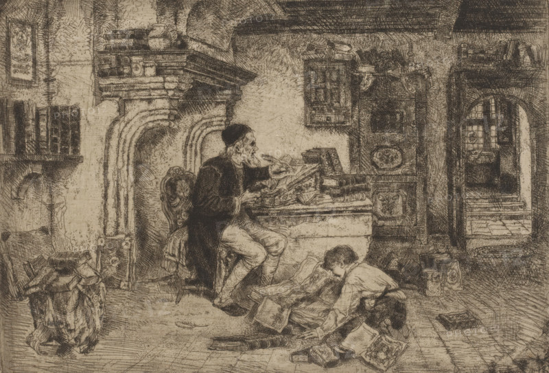 Writing man and reading boy, print, printmaker: Willem Linnig (II), 1852 - 1890, paper, etching, intaglio printmaking technique, height 178 mm x width 255 mm, scholar in his study, An interior scene rendered in fine etching lines shows two men among scattered papers and books; one older man with a beard and cap sits on an ornate chair at a cluttered table, holding a quill and reaching toward a stack of documents while the other younger man kneels on the floor sorting through sheets and folios. The room features a carved stone fireplace with a mantel crowded with vessels and books, built-in shelves and cabinets filled with volumes and objects, patterned rugs and a tiled floor, an arched doorway leading to a small chamber with a window, and various pieces of furniture and boxes arranged around the space. The image is monochrome with dense cross-hatching and fine detail emphasizing textures of wood, stone, fabric, and paper.