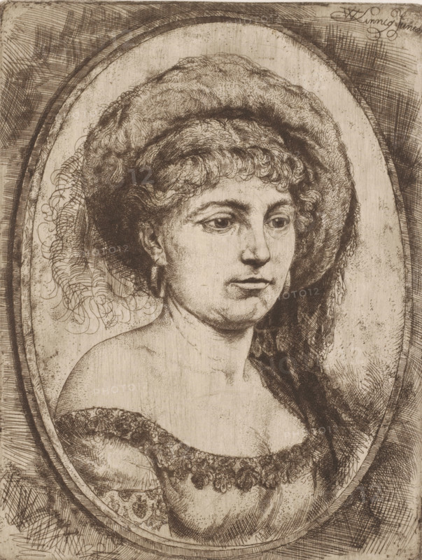Portrait of an unknown woman, print, printmaker: Willem Linnig (II), 1852 - 1890, paper, etching, drypoint, intaglio printmaking technique, etching and drypoint with plate tone, height 299 mm x width 228 mm, anonymous historical person portrayed alone - BB - woman, A sepia-toned etching of a bust-length portrait of a young person shown within an oval frame, wearing a wide textured hat and a dress with a floral-patterned neckline, the face turned slightly to one side with curly hair peeking beneath the hat and a visible earring, the background filled with crosshatched shading and the oval frame accented by parallel lines.