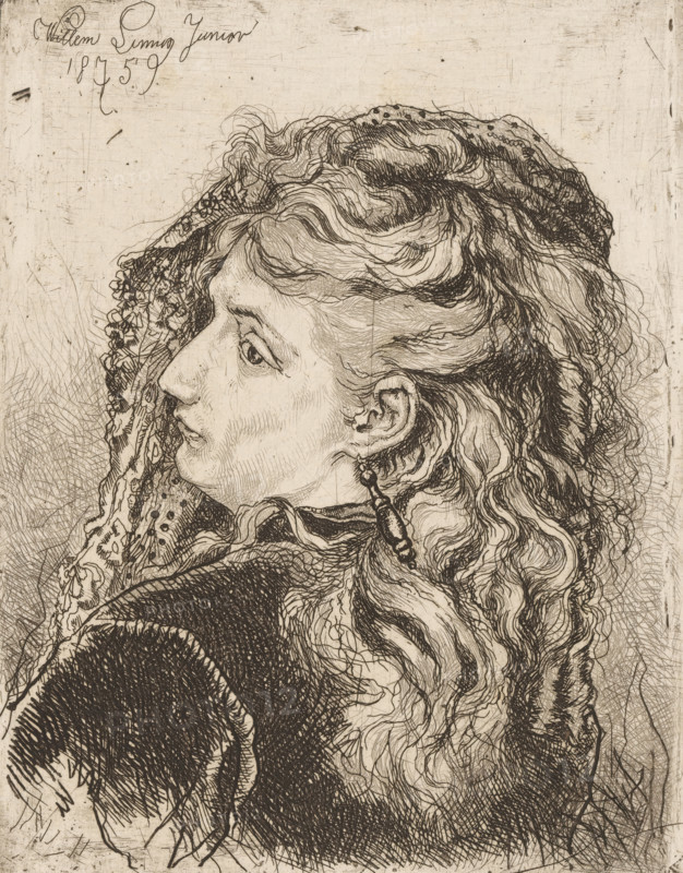 Portrait of an unknown woman, print, printmaker: Willem Linnig (II), 1875, paper, etching, intaglio printmaking technique, height 153 mm x width 119 mm, anonymous historical person identified alone - BB - woman, A detailed pen-and-ink portrait of a woman in profile facing left, showing her face, ear with a dangling earring, and long wavy hair cascading down her back; she wears a lacy or patterned headscarf partially covering her hair and a textured garment with visible folds; fine cross-hatching and line work render shadows and contours on her face, hair, and clothing, and the background is a plain, lightly textured surface with scratches and marks.