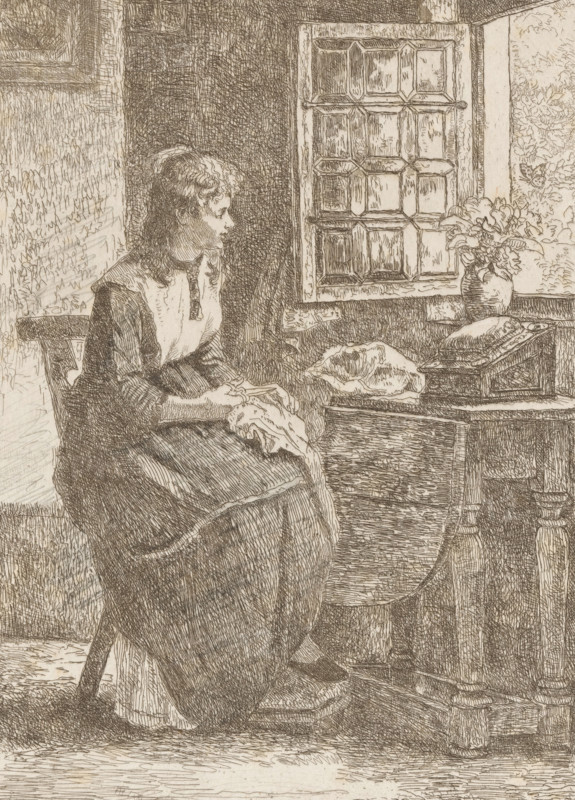 Girl doing needlework in front of an open window, print, printmaker: Willem Linnig (II), 1878, paper, pencil, etching, intaglio printmaking technique, etching with plate tone, worked with pencil, proof print, height 259 mm x width 178 mm, adolescent, young woman, maiden, sewing, A seated woman in a long dress and apron faces a window, her hands resting on fabric in her lap and her profile turned toward the right; she has wavy hair pulled back and a high neckline with a small bow. To her right a wooden table holds a folded cloth, a closed box with a decorative lid, and a vase of flowers. Behind the table a multi-pane window with thick framing shows textured panes and a narrow wall with floral wallpaper beside it. The room features detailed woodwork and patterned surfaces, with crosshatched shading throughout the artwork.