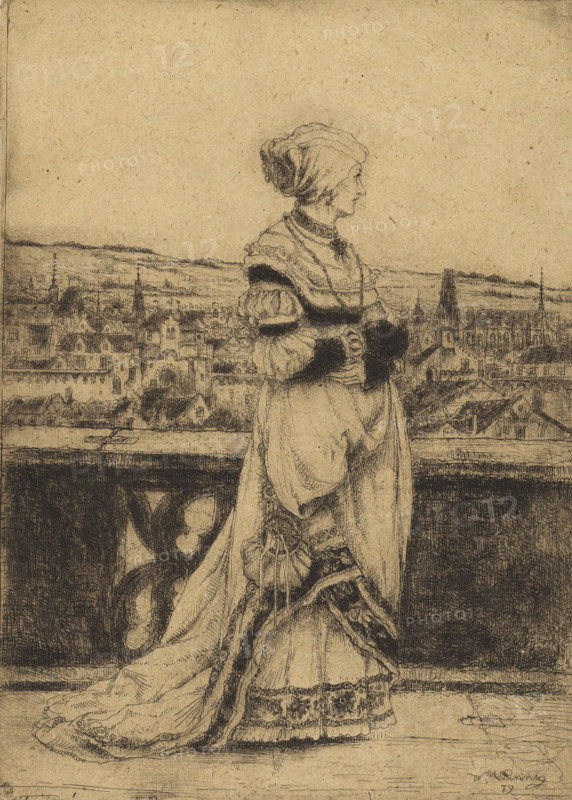 Lady walking on a terrace, print, printmaker: Willem Linnig (II), 1879, paper, etching, intaglio printmaking technique, height 247 mm x width 176 mm, adult woman, walking, hiking (recreation), A sepia-toned etching shows a woman in profile standing on a stone balcony, wearing a long ornate dress with layered fabrics, patterned trims, and a trailing hem, along with a headscarf wrapped around her hair and a necklace at her neck; her hands are clasped at her waist and she faces toward a detailed townscape beyond the balustrade, where rooftops, church spires, and clustered buildings stretch across the middle ground beneath a wide, textured sky.