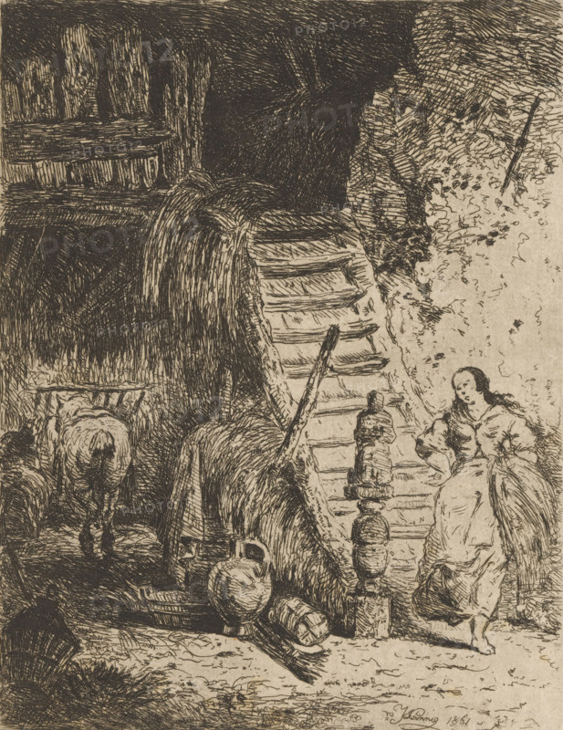 Farmer's wife in a barn coming down the stairs, print, printmaker: Willem Linnig (II), printmaker: Willem Linnig (I) (possibly), 1861, Willem Linnig (II), Willem Linnig (I), paper, etching, intaglio printmaking technique, etching with plate tone, height 158 mm x width 121 mm, farmers - AA - female farmer, farmer's wife, barn, A detailed pen-and-ink scene shows a large wooden wheel with spokes and paddles partially embedded in a textured surface, accompanied by stacked wooden beams and rough planks. A woman in a long dress and apron stands beside the wheel, her hair tied back and one foot slightly raised, holding a bundle or basket at her side. Several rounded clay jugs and a small barrel lie near the base of the wheel, and a shallow basket rests on the ground nearby. Behind the wheel a dark recessed area suggests a doorway or interior space, while to the side rough foliage and a leaning pole create a textured background. The foreground ground surface is crosshatched and uneven, with sc...