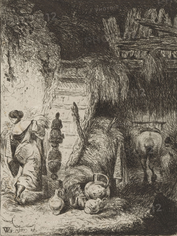 Farmer's wife in a barn walks up a staircase, print, annotation: 'IV', printmaker: Willem Linnig (II), 1852 - 1890, Willem Linnig (II), printmaker, paper, etching, intaglio printmaking technique, letterpress printing, etching with plate tone, proof print with letterpress on verso, height 158 mm x width 121 mm, farmers - AA - female farmer, farmer's wife, barn, A densely hatched pen-and-ink scene shows a stable interior with stacked hay and timber beams, a horse or donkey facing away under a dark overhang, a group of rounded jugs and pitchers arranged on the ground, a turned wooden post with carved finials, a woman bending forward with her hair tied and wearing a dress, another figure seen from behind ascending a short flight of steps, a curving path of straw and rough floor, and heavy crosshatched shadows filling the upper and right portions of the image.
