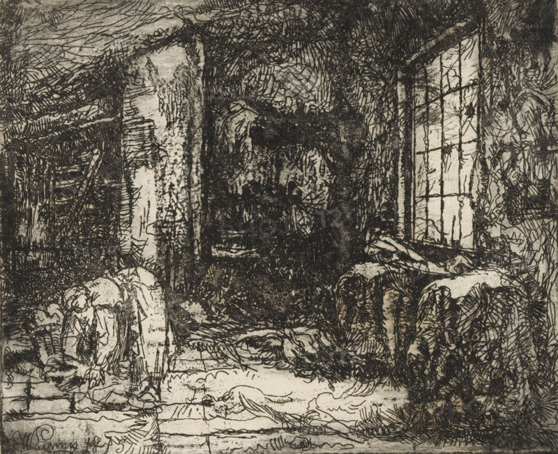 Interior of a house, print, printmaker: Willem Linnig (II), 1875, paper, etching, intaglio printmaking technique, height 113 mm x width 137 mm, interior of the house, A densely hatched monochrome sketch showing an interior scene with heavy dark lines and textured shading throughout, featuring a tall window with multiple panes on the right that allows pale light to contrast with darker surrounding areas, rough vertical and diagonal beams or columns near the center and left, tangled organic-looking marks suggesting drapery or hanging material along the right and top edges, layered floor and ground lines at the bottom, indistinct clustered shapes and shadowed forms in the middle that create a sense of depth, and a variety of fine crosshatching and stippling marks filling the composition.