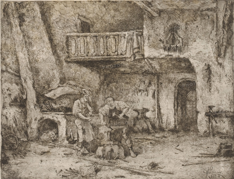 Two men at an anvil in the smithy, print, printmaker: Willem Linnig (II), 1864, paper, etching, intaglio printmaking technique, height 197 mm x width 252 mm, smith, blacksmith, tools, aids, implements, crafts and industries: anvil, An etching of an old courtyard scene rendered in fine dark lines on a light background shows a stone balcony with carved balusters above a shadowed area, a cloth draped over the railing, rough textured walls with niches and an archway, and two men in period clothing working near a wooden wheelbarrow and tools; one man leans on a staff while the other bends over the wheelbarrow, with scattered objects and stones on the ground, a low doorway and alcoves set into the walls, and varied crosshatching creating depth and rough surfaces throughout the composition.