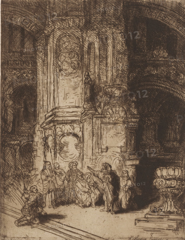 Interior of a synagogue, print, printmaker: Willem Linnig (II), 1876 - 1889, paper, etching, drypoint, intaglio printmaking technique, height 264 mm x width 203 mm, the Synagogue (as building and place of worship, Jewish religion), A detailed sepia-toned etching shows an interior with tall ornate columns and arches, carved decorative panels, and large sculpted capitals. A group of robed figures gathers near the base of a column, some standing and some seated, with gestures suggesting interaction. A figure in dark drapery stands slightly apart, reaching toward the seated figures. Architectural ornamentation with scrollwork and floral motifs fills the upper parts of the scene, while heavy shadowed arches create contrast on one side. Steps and a low platform occupy the foreground, and small figures and a crouching person appear near the lower edges. The overall composition emphasizes vertical stonework, intricate line work, and contrasts of light and dark.