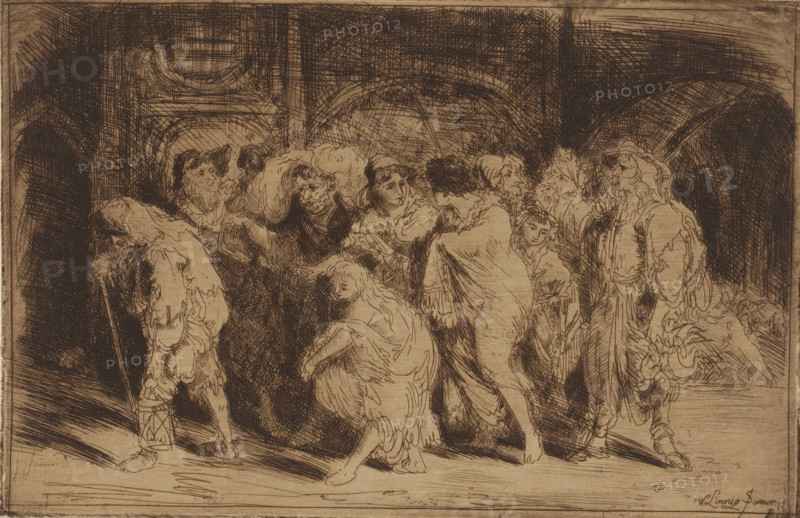 Group of beggars, print, printmaker: Willem Linnig (II), 1852 - 1890, paper, etching, drypoint, intaglio printmaking technique, etching and drypoint with plate tone, height 174 mm x width 267 mm, beggars' procession, A sepia-toned etching shows a group of figures clustered beneath a series of shadowed arches. The figures wear tattered, flowing garments and some have cloaks or hoods; one figure at the left leans forward with a staff and a small lantern on the ground, while several central figures face each other in animated postures and gestures. A crouched figure with long hair is positioned near the front, and a few faces with beards or head coverings are visible among the crowd. Heavy cross-hatched shading fills the background, creating strong contrast with the lighter, more detailed lines used for the clothing and faces.