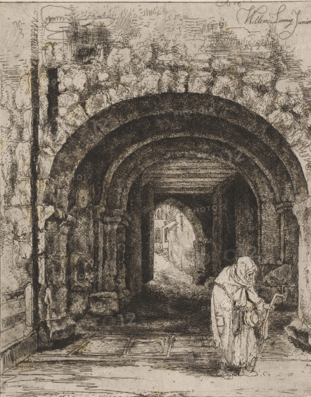 Entrance gate of the Wartburg in Eisenach, L'entreé de la Warthbourg, print, workshop stamp: 'Antwerpsche Etsers 1880', printmaker: Willem Linnig (II), 1880 - 1890, Willem Linnig (II), printmaker, paper, etching, drypoint, intaglio printmaking technique, etching and drypoint with plate tone, height 288 mm x width 217 mm, old woman, city-gate, Thuringia, Wartburg, Eisenach, A detailed ink drawing of a stone archway and interior passage rendered in fine crosshatching, showing concentric rounded arches leading into a dark vaulted corridor with textured stone blocks and worn masonry, a cloaked figure standing near the entrance wearing a hooded robe and holding a staff with a circular object at the waist, rough stone walls with carved reliefs and irregular stones, a tiled floor with visible slabs and lines, subtle variations in shading that suggest depth and shadow, and a small bright opening at the far end revealing part of an exterior building facade.