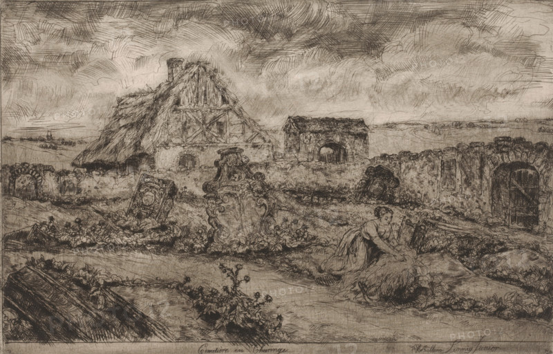 Cimetière en Thuringe, Kerkhof van Thuringen, print, printmaker: Willem Linnig (II), 1876 - 1889, paper, etching, drypoint, intaglio printmaking technique, height 214 mm x width 331 mm, churchyard, cemetery, farm or solitary house in landscape, Thuringia, A detailed monochrome etching shows a rural scene with a thatched building having exposed timber framing and a chimney, a smaller stone structure with an arched opening, and a low stone wall punctuated by ornate tombstones and carved monuments. In the foreground a woman in a long dress is kneeling and gathering or arranging vegetation near a cart wheel, while beds of plants and scattered stones fill the ground. Rolling fields and low hedgerows extend toward the distant horizon under a sky filled with layered, hatched clouds, and the overall image is rendered with fine crosshatching and textured linework.