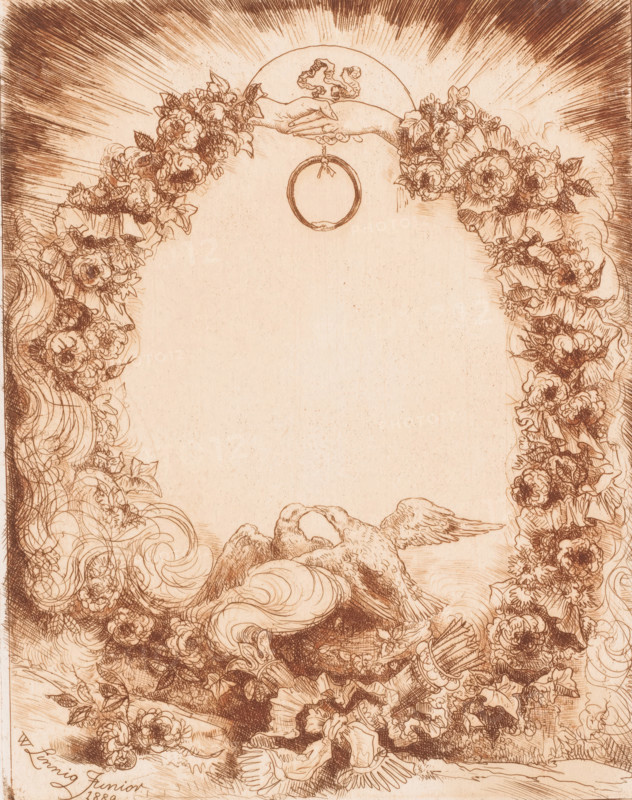 Design for a wedding menu, print, printmaker: Willem Linnig (II), 1889, paper, etching, intaglio printmaking technique, brown print, printed in brown, with plate tone, height 242 mm x width 190 mm, flowers: rose, doves, pigeons, wedding ring, serpent Ouroboros, A sepia-toned illustration with an ornate floral border forming an arch around a blank central area, two hands meeting at the top inside a semicircular sunburst, a circular ring hanging beneath the hands, dense clusters of roses and other flowers along the sides, flowing cloudlike curls and foliage at the bottom, and two birds with wings extended nestled among the clouds and blossoms.