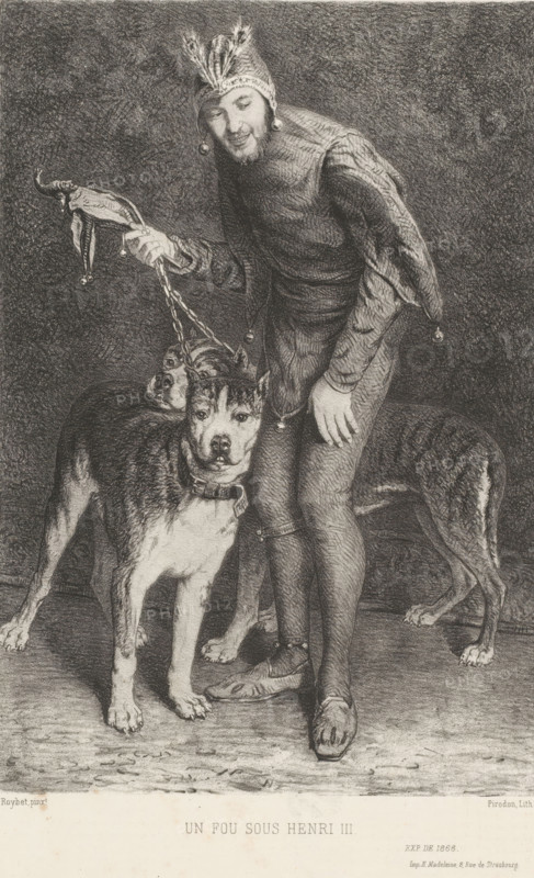 Un fou sous Henri III, Court Jester of Henry III, print, printmaker: Eugène Louis Pirodon, after painting by Ferdinand Roybet, printer (person): Hippolyte Jules Madeleine, Paris, 1866, printer (person), paper, lithography, height 347 mm x width 278 mm, Print used in: L'Artiste, vol. 1., court jester, court fool, A monochrome illustration of a man in a jester-like costume bending slightly forward while holding leashes attached to two large dogs; the man wears a cap with feathers and small bells, a fitted tunic with long sleeves, tight hose, and soft pointed shoes, and his face shows a subtle smile with a trimmed beard; one dog stands facing forward with a collar and attentive expression while the other is turned partially away, showing its flank and hind legs; the leashes are looped in the man's hand and the scene is set against a textured dark background with a plain floor beneath the figures.