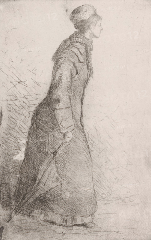 Woman walking with umbrella, print, printmaker: Philip Zilcken, in or before c. 1879, paper, chine collé, etching, drypoint, intaglio printmaking technique, etching and drypoint, with plate tone, on chine collé, height 184 mm x width 119 mm, adult woman, umbrella, strolling, A sketched side view of a woman standing and leaning slightly forward, wearing a long coat with textured shading and a high ruffled collar, a small rounded hat with fluffy detailing, and a skirt visible beneath the coat; one gloved hand holds a closed umbrella down by her side, while the other arm is bent behind her, and the background is sparsely marked with fine, crosshatched lines and light scratches.