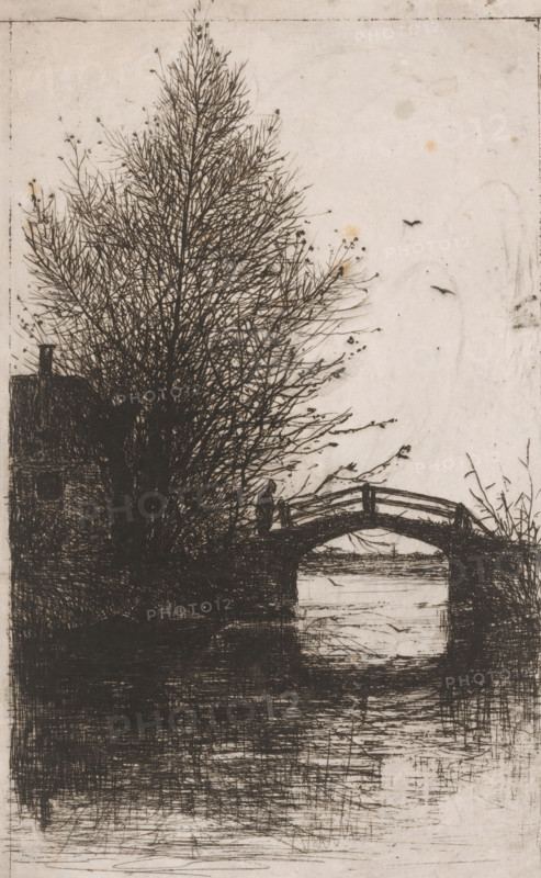 Pont soleil couchant (original title), Bridge over the water, print, printmaker: Philip Zilcken, 1867 - 1890, paper, etching, drypoint, intaglio printmaking technique, height 248 mm x width 160 mm, rural housing, eg country-house, villa, cottage, bridge, A monochrome etching shows a tall, leafless tree with dense, intricate branches occupying the left and center foreground, beside a dark silhouette of a house with a visible chimney; in front of the tree a small arched footbridge spans a waterway, with two small human silhouettes standing on the bridge; the water beneath reflects linear etching marks and the far bank is faintly suggested, while the sky is pale with a few small flying birds and scattered blemishes on the paper.