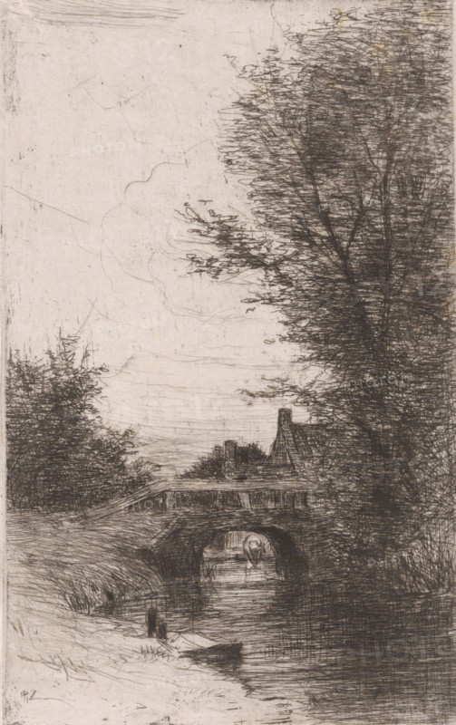 Bridge over a brook, print, A woman washing clothes can be seen under the bridge., printmaker: Philip Zilcken, 1867 - 1890, paper, etching, drypoint, intaglio printmaking technique, zinc etching and drypoint, with plate tone, height 202 mm x width 126 mm, laundering, bridge, A narrow vertical sketch showing a rural scene with a stream running toward the foreground beneath a low stone bridge; tall, densely hatched trees rise along the right side and frame the scene, with more clustered foliage on the left; a small house with a pitched roof and chimney sits partially visible beyond the bridge; a figure is bending over or seated under the bridge near the water, and a small boat lies on the near bank; the sky is pale and largely empty except for faint, wispy lines and a few scattered marks.