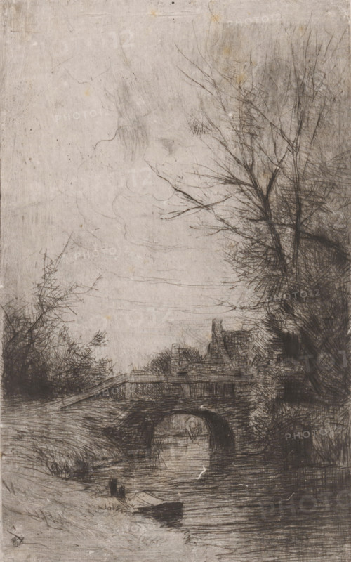 Bridge over a brook, print, A woman washing clothes can be seen under the bridge., printmaker: Philip Zilcken, 1867 - 1890, paper, etching, drypoint, intaglio printmaking technique, zinc etching and drypoint, with plate tone, height 204 mm x width 127 mm, laundering, bridge, A monochrome sketch showing a narrow waterway with rippling reflections in the foreground, a small rowboat moored at the bank, a low arched stone bridge crossing the stream, faint architectural shapes of a house with a pitched roof and chimney visible beyond the bridge, dense clusters of leafless trees and tangled branches framing the right side and scattered shrubs on the left, a pale textured sky occupying the upper area with delicate, wispy marks suggesting clouds.