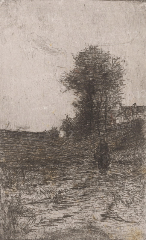 Landscape with trees, houses and walking figure, Soir a Etterbeek (Bruxelles) (original title), print, printmaker: Philip Zilcken (signed by artist), 1867 - 1890, paper, etching, drypoint, intaglio printmaking technique, zinc etching and drypoint, with plate tone, height 234 mm x width 145 mm, low hill country, walking, Etterbeek, A monochrome etched landscape showing a textured sky above a gently sloping terrain, with dense, detailed linear marks forming a tall, leafy tree near the center right and lower clusters of shrubs and grass along a winding path. A solitary, cloaked figure stands on the path facing away, rendered in darker, crosshatched strokes. In the distant right background a suggestion of a simple fence or railing and a low structure appear partially obscured by vegetation. The foreground contains rough, striated ground with tufts of grass and layered scratching that create a worn, weathered appearance across the entire scene.
