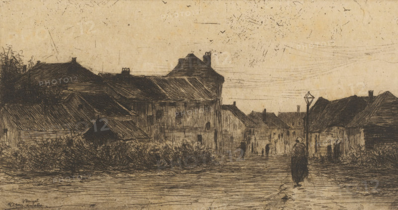 Vleurgat Bruxelles (original title on object), print, View of a village street., printmaker: Philip Zilcken (signed by artist), 1867 - 1890, paper, etching, drypoint, intaglio printmaking technique, zinc etching and drypoint, with plate tone, height 133 mm x width 252 mm, village street, Brussels, A sepia-toned etching of a village street lined with closely packed buildings with pitched roofs and chimneys, rendered in fine dark lines against a lighter sky; low hedges and shrubbery appear along the street edges, and a tall lamppost stands near the right side; a solitary figure wrapped in a cloak walks away from the viewer toward the distant houses while a few other small, shadowy figures are visible further down the street; the sky shows faint linear marks and scattered speckles, and the foreground has textured lines suggesting an uneven surface.