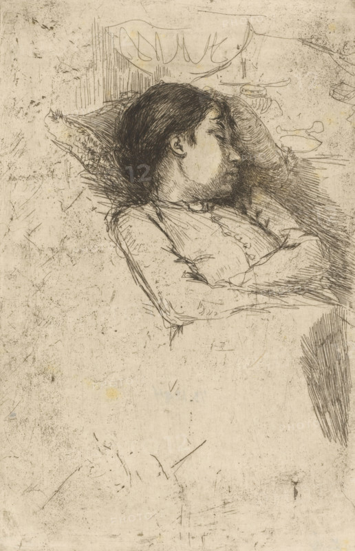 Sommeil (original title), Sleeping girl, print, printmaker: Philip Zilcken, 1867 - 1890, paper, Japanese paper (handmade paper), etching, drypoint, intaglio printmaking technique, zinc etching and drypoint, with plate tone, on Japanese paper, height 230 mm x width 147 mm, girl (child between toddler and youth), sleeping in bed, A sepia-toned sketch of a person lying on their side with head resting on a pillow, dark hair rendered with dense cross-hatching, a visible ear and a softly shaded profile, a beard suggested by short strokes, clothing drawn with light, loose lines and button details along the chest, arms folded across the body, textured pillow edges and surrounding sketchy marks indicating bedding, scattered fine scratches and smudges across the background, and an area of dense vertical strokes at the lower right.