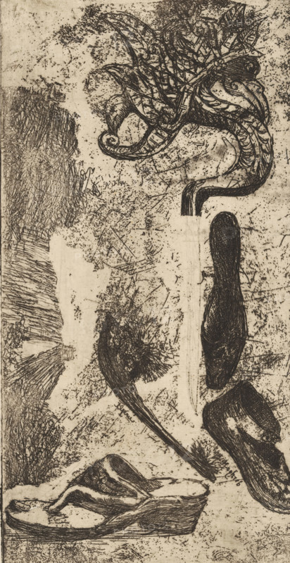 Coin d'atelier (original title), Shoe, sandals and a fantasy figure, print, printmaker: Philip Zilcken, 1867 - 1890, Philip Zilcken, printmaker, paper, etching, drypoint, intaglio printmaking technique, zinc etching and drypoint, with plate tone, height 170 mm x width 88 mm, shoes, sandals, ornament derived from animal forms, A vertical monochrome etching showing a variety of textured, organic and shoe-like forms arranged across a speckled, scratched background; at the top right an elaborate, curving decorative element with leaflike and scroll motifs emerges, its lines dense and crosshatched, while lower on the right a long, dark, slender shape with heavy linear shading sits above an irregular, rounded form that also bears dense crosshatching; toward the center left a curved, elongated object with a tufted, brushlike end and fine, radiating strokes extends diagonally, and near the bottom a low-heeled, slip-on shoe rendered with layered contour lines and shaded surfaces rests on the gro...