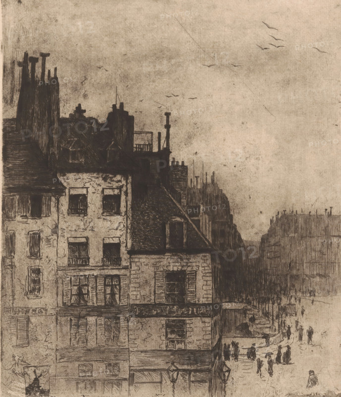 View of the Pont-Neuf in Paris, print, printmaker: Philip Zilcken, Paris, 1883, paper, drypoint, etching, intaglio printmaking technique, height 278 mm x width 235 mm, city-view, and landscape with man-made constructions, A sepia-toned ink drawing showing a row of old buildings with pitched roofs, chimneys, and shuttered windows on the left, detailed hatching and crosshatching marking roof tiles and façade textures, a narrow street running alongside the buildings populated by small, sketch-like figures walking, and a distant row of rooftops fading into the background; the sky above is largely empty with a smear of shading and several simple, V-shaped birds in flight.