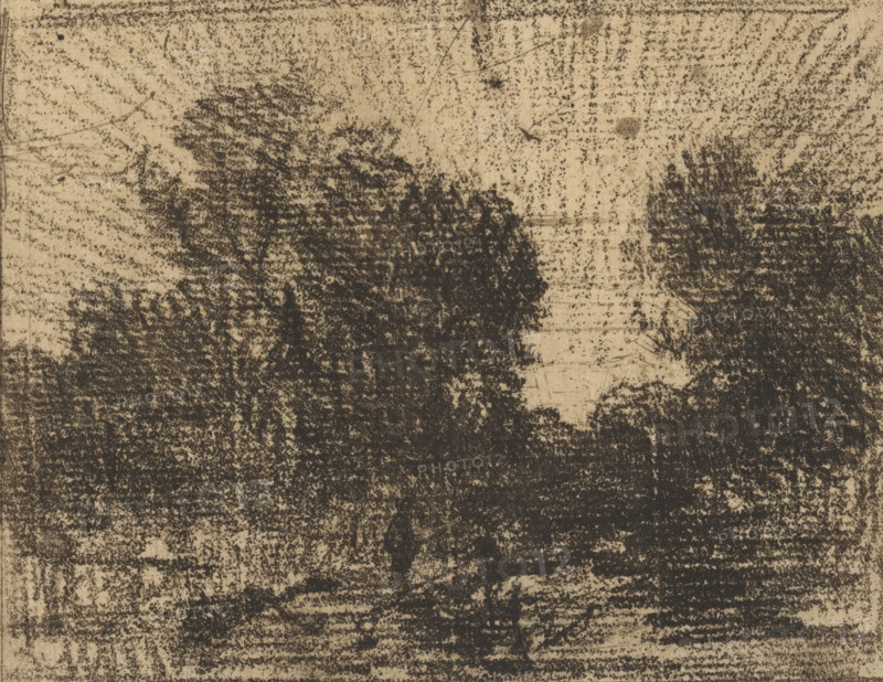 Landscape with trees, print, printmaker: Philip Zilcken, 1867 - 1890, paper, soft-ground etching, varnish made on zinc, height 87 mm x width 109 mm, trees, A textured surface with a beige background covered by dense, irregular dark charcoal smudges and speckles forming broad vertical and horizontal strokes, with areas of heavier dark shading creating rough clustered shapes and lighter beige patches where the marks are sparse, plus faint linear scratches and thin pencil-like lines across the top portion.