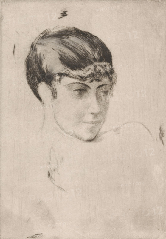 Head of a girl, print, printmaker: Philip Zilcken, 1867 - 1890, paper, drypoint, intaglio printmaking technique, drypoint on zinc, with plate tone, height 198 mm x width 139 mm, adolescent, young woman, maiden, A pencil sketch of a person's head and partial shoulders on a light textured background, showing short, dark hair with a wavy fringe, softly shaded facial features including closed or downcast eyes, a nose, and a faintly smiling mouth, with delicate line work suggesting the neck and shoulder and a few stray sketch marks around the head and lower area.