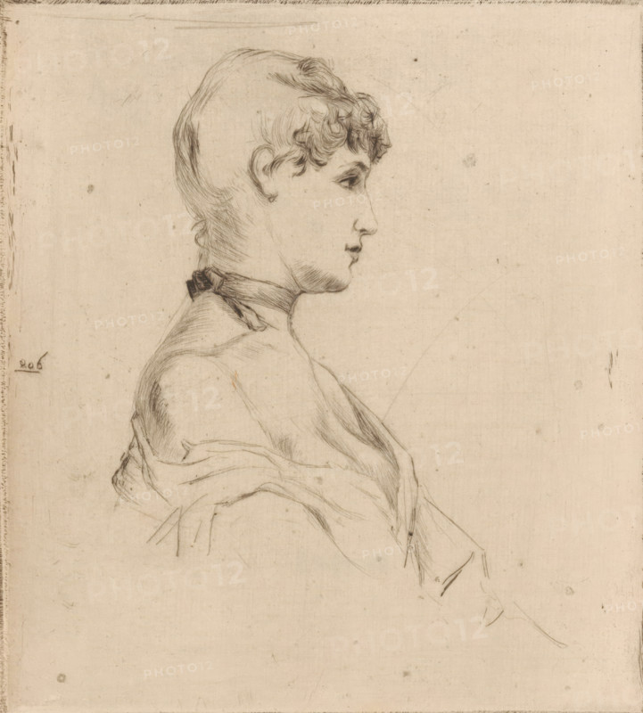 Riki (original title), Portrait of a young woman, print, printmaker: Philip Zilcken, 1890 - 1913, paper, drypoint, intaglio printmaking technique, drypoint on zinc, with plate tone, height 158 mm x width 143 mm, historical persons, adolescent, young woman, maiden, A lightly sketched profile of a person facing right occupies the upper left area of the image, showing short wavy hair, a defined brow, nose, lips, and chin rendered with fine pencil or etching lines; the neck is wrapped with a simple band and the shoulders are draped in loose, flowing fabric with soft folds and contour lines; the background is a plain, aged paper surface with faint smudges, small spots, and subtle guide marks scattered across it.