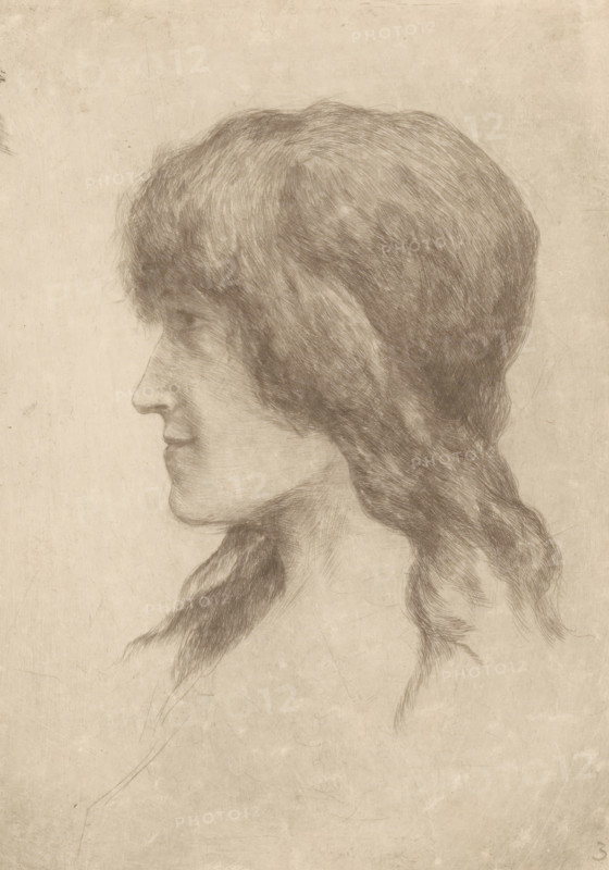 Head of a young woman, print, printmaker: Philip Zilcken, 1867 - 1913, drypoint, intaglio printmaking technique, height 199 mm x width 142 mm, adolescent, young woman, maiden, A pencil drawing of a person in profile facing left, showing the head and upper neck with long, textured hair that falls in loose waves and braids, a defined nose and closed lips, subtle shading on the cheek and jaw, and a plain, lightly textured background.