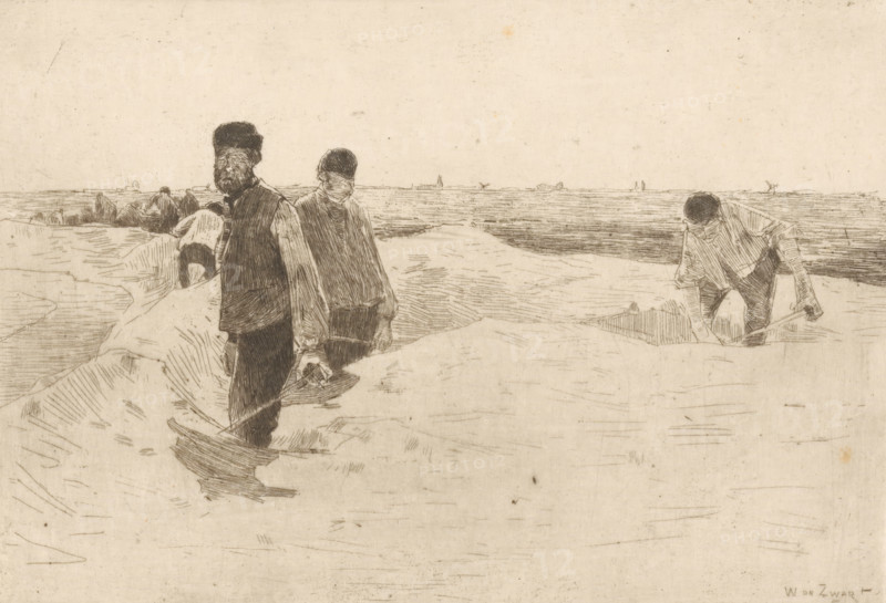 Zanddiggers (original title), print, printmaker: Willem de Zwart, c. 1887 - c. 1888, paper, etching, drypoint, intaglio printmaking technique, height 159 mm x width 225 mm, digging (industrial process), sand (soil type), A monochrome sketch of a shoreline scene shows three men in the foreground standing on sandy mounds and a fourth man bent over digging with a spade near the water; the standing figures wear simple work clothing with one wearing a dark cap and another a lighter cap, and one carries a tool or bucket in his hand; the horizon features a flat expanse of water with faint outlines of sailboats and low structures, and the foreground is filled with textured lines indicating sand and shallow depressions.