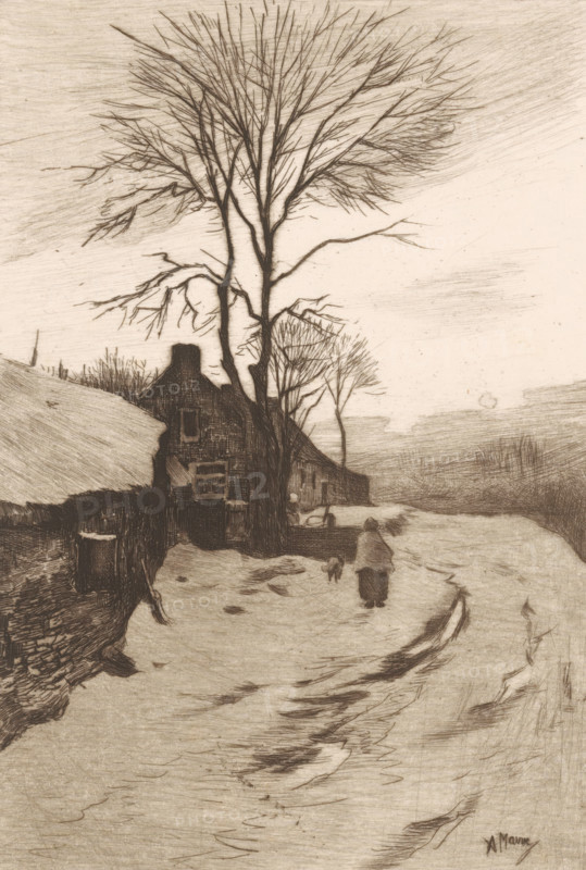 Winter evening (original title on object), print, Farms along a road with bare trees, on the road a woman with a dog., printmaker: Philip Zilcken, after painting by Anton Mauve, 1867 - 1890, paper, chine collé, etching, drypoint, intaglio printmaking technique, height 230 mm x width 174 mm, road, path, farm (building), A sepia-toned sketch of a rural scene showing a winding snow-covered path leading past a small stone building with a steep roof and a chimney, bare trees with intricate branching rising prominently behind and beside the building, a lone figure wrapped in a cloak walking away along the path accompanied by a small dog, low stone walls and scattered vegetation flanking the route, distant hazy fields or hills under a textured sky with fine crosshatching.
