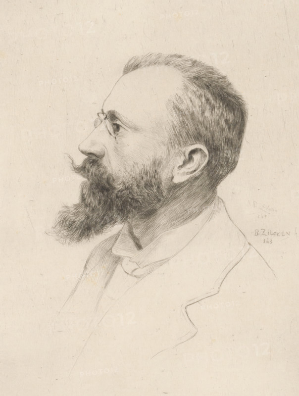 Portrait of Pol de Mont, print, printmaker: Philip Zilcken, 1890 - 1913, paper, drypoint, intaglio printmaking technique, drypoint with plate tone on chine collé, height 177 mm x width 132 mm, Person, Pol de Mont, historical persons, A pencil portrait of a man in profile facing left, showing a high forehead, short hair, a full beard and mustache with a curled tip, and a visible ear; he wears small round spectacles and a collared shirt with a jacket, all rendered with fine, detailed lines on a light, textured background.
