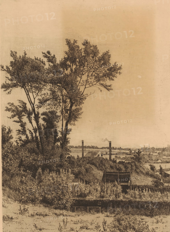 Landscape with buildings surrounding Saint-Walburg, print, printmaker: François Maréchal, 1891, paper, etching, intaglio printmaking technique, etching with plate tone, height 300 mm x width 218 mm, landscapes, Sainte-Walburge, A sepia-toned landscape drawing showing a large tree with dense foliage on the left foreground, branches and leaves rendered in fine crosshatching, a sloping grassy hill with shrubs and tall plants extending downward, a small shelter with a pitched roof nestled among vegetation near the center, two tall vertical chimneys rising in the middle distance beyond the hill, a stretch of flat land and distant low buildings along the horizon, and a wide expanse of empty sky occupying the upper portion of the image.