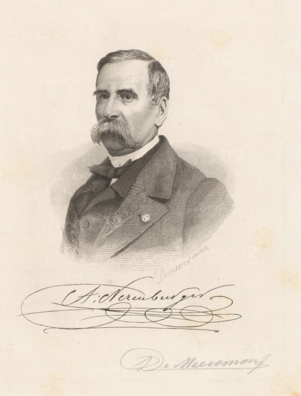 A, Neremburger, Portrait of A. Neremburger, print, printmaker: François de Meersman, 1840 - 1905, paper, engraving, etching, engraving and etching, height 164 mm x width 122 mm, Person, A. Neremburger, historical persons, adult man, mustache, A detailed engraved portrait of an older man shown from the chest up facing slightly left, with short combed hair, prominent bushy mustache, and defined facial features, wearing a high-collared shirt, bow tie, and a textured coat with visible buttons and patterned lapel, set against a light, plain background with faint shading around the figure and ornamental flourishes below the portrait.