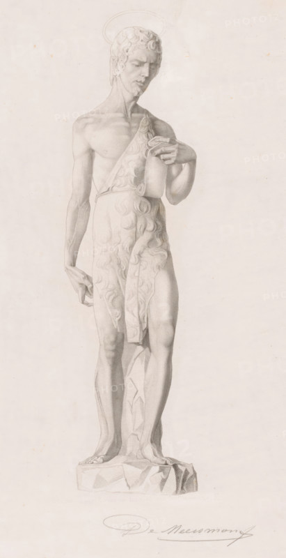 Image of John the Baptist, Commence par domandor terminé par De Meersman, print, printmaker: François de Meersman (signed by artist), after sculpture by unknown, 1840 - 1905, unknown, after sculpture by, paper, etching, height 302 mm x width 192 mm, Representation is based on a Renaissance statue in the Bargello in Florence., Person, John the Baptist, possible attributes: book, reed cross, baptismal cup, honeycomb, lamb, staff, A monochrome drawing of a standing male figure on a textured rectangular base, shown full-length from head to feet, with a faint circular halo outline above the head; the figure has short curly hair and a downward gaze, a lean torso with visible musculature, one arm hanging relaxed at the side and the other bent to hold a small vessel against the chest; a patterned draped cloth covers one shoulder and wraps around the waist and down the front, partially revealing the legs; the feet rest flat on the base and a vertical support element runs behind the legs; the ba...
