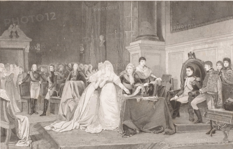 Divorce of Napoleon and Joséphine, print, inscription: '2 me état', printmaker: François de Meersman (signed by artist), after painting by Henri Frédéric Schopin, 1840 - 1905, paper, etching, engraving, height 310 mm x width 445 mm, Napoleon dissolved the marriage between him and Joséphine in 1809 because the marriage remained childless. He remarried in 1810., Person, Napoleon I (Emperor of the French), Joséphine de Beauharnais, divorce, throne-room, A large formal interior scene shows a group of people arranged across a room with high walls and draped curtains. At center foreground a woman in a long light dress and draped veil stands with another woman leaning toward her, their garments detailed with ruffles and flowing trains. To their right a table covered with a dark cloth holds small ornamental objects and a book, behind which a seated older man in robes gestures while a younger man stands beside him with a cloak over his shoulders. Further right a soldier in a decorated uniform s...