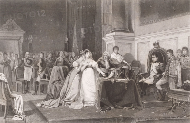 Divorce of Napoleon and Joséphine, print, inscription: '5 me état', printmaker: François de Meersman (signed by artist), after painting by Henri Frédéric Schopin, 1840 - 1905, paper, etching, engraving, etching and engraving, height 343 mm x width 464 mm, Napoleon dissolved the marriage between him and Joséphine in 1809 because the marriage remained childless. He remarried in 1810., Person, Napoleon I (Emperor of the French), Joséphine de Beauharnais, divorce, throne-room, A large grayscale engraving shows a formal interior with high walls, heavy curtains, and classical architectural details; a central woman in a white gown and veil stands with a hand at her chest while another woman in an elaborate dress leans toward her; nearby a table draped with a cloth holds papers and an inkwell, and a seated older man in ceremonial robes gestures toward the women; to the right a man in a military uniform sits in an ornate high-backed chair while other uniformed men stand around him, some holding...