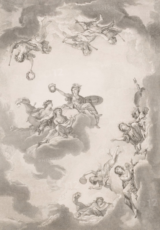 Allegorical representation towards a ceiling in Fontainebleau, print, annotation: '3me état', printmaker: François de Meersman (signed by artist), Belgium, 1884, paper, chine collé, etching, height 498 mm x width 370 mm, (decorated) ceiling, Roman deities, and foreign deities included in the classical Pantheon, Fontainebleau, A sepia-toned engraving shows figures seated and reclining on clouds across the composition, many draped in flowing robes and some wearing wreaths on their heads. In the central area a seated female figure holds a wreath out toward two partially nude companions who recline nearby, while another figure beside them holds a round shield. Around them other figures float among billowing clouds, some playing pipes, some holding staffs or trumpets, and one extending an arm upward with a garland. The clouds vary in density and texture, forming soft, layered shapes that frame the figures, and the overall scene presents graceful, curving lines and delicate shading throughou...