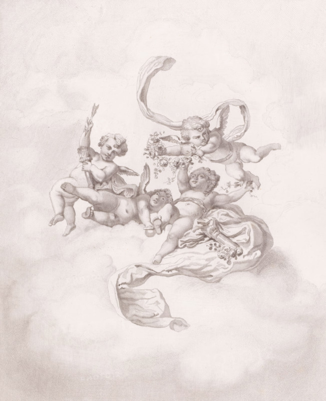 Putti on clouds with flowers and quivers, print, inscription: '3rd stage. De Meersman f 82', printmaker: François de Meersman (signed by artist), 1882, paper, etching, height 406 mm, width 316 mm, The image is based on a ceiling in a bathing room at the Palace of Fontainebleau., cupids: 'amores', 'amoretti', 'putti', attributes of Cupid: arrow(s), A sepia-toned engraving shows four cherubic children with small wings reclining and floating on soft, swirling clouds; one child lies on its back with an arm raised and a garland of flowers near its hand, another reclines with a hand holding a small object and feet extended, a third grasps a bundle and raises a sprig, and the fourth hovers above reaching toward the garland while a flowing ribbon loops behind; draped fabric lies beneath them and delicate cloud textures fill the surrounding space.