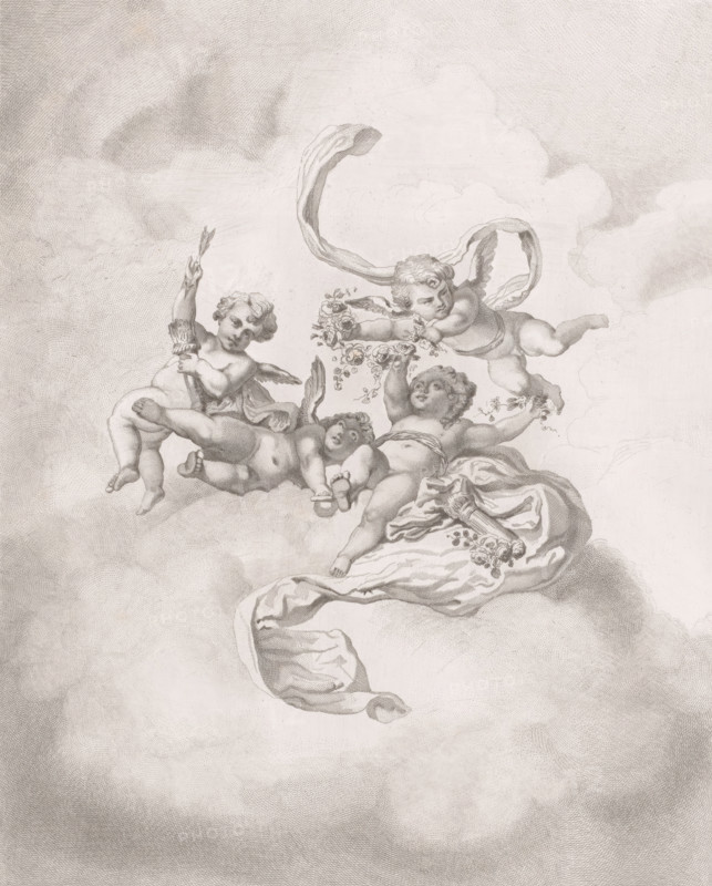 Putti on clouds with flowers and quivers, print, inscription: '2nd etat. De Meersman f 82', printmaker: François de Meersman (signed by artist), 1882, paper, etching, height 407 mm, width 314 mm, The image is based on a ceiling in a bathing room at the Palace of Fontainebleau., cupids: 'amores', 'amoretti', 'putti', attributes of Cupid: arrow(s), A pale, detailed engraving of four cherubic figures among soft, swirling clouds, each with small wings and rounded bodies; one cherub reclines on flowing drapery and holds a garland of flowers, another floats above scattering blossoms, a third grasps a torch-like object while extending an arm upward, and a fourth lies on its side with an arm raised; ribbons and folds of cloth trail among the figures, and delicate shading creates textured clouds filling the background.